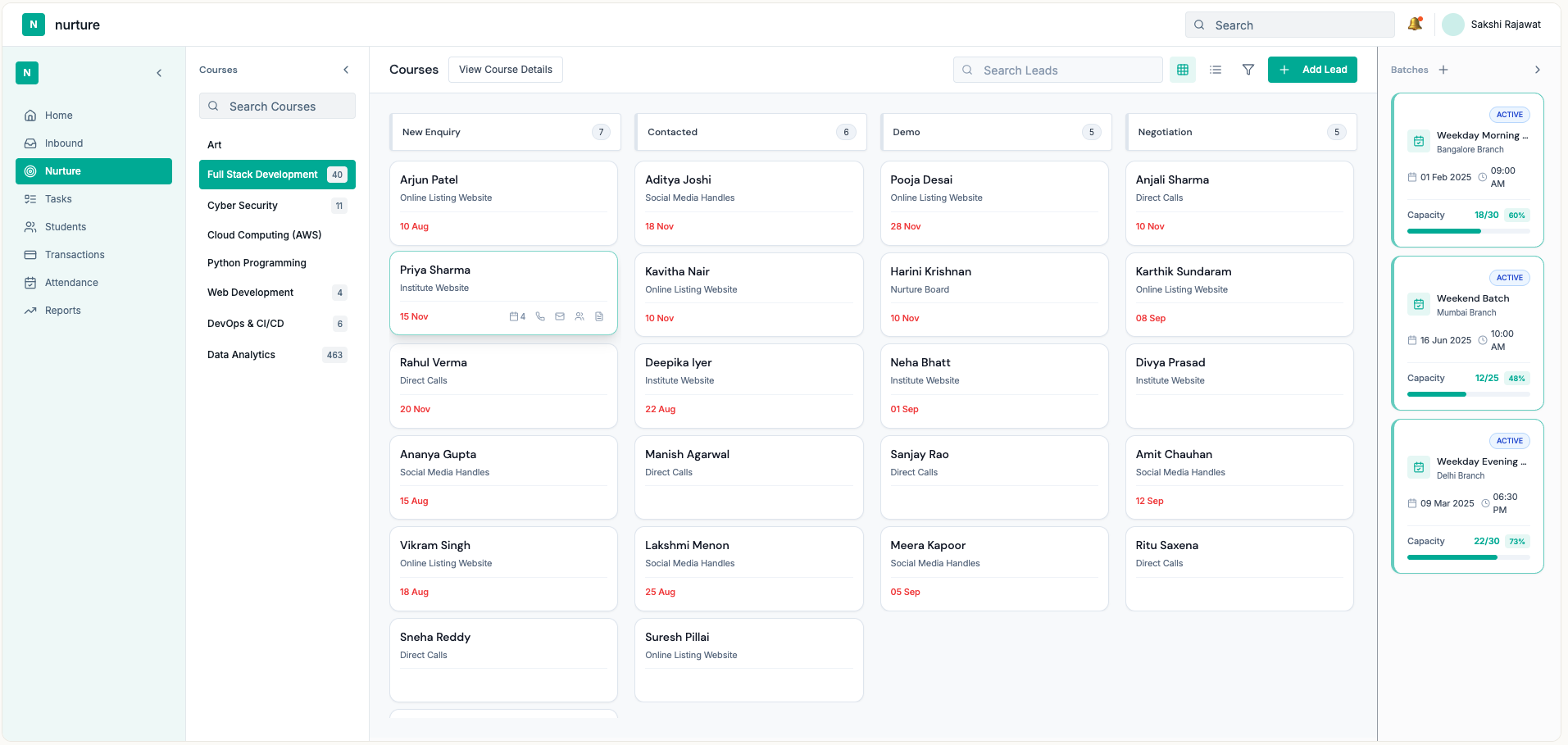 Nurture admissions dashboard with student list and batch panels
