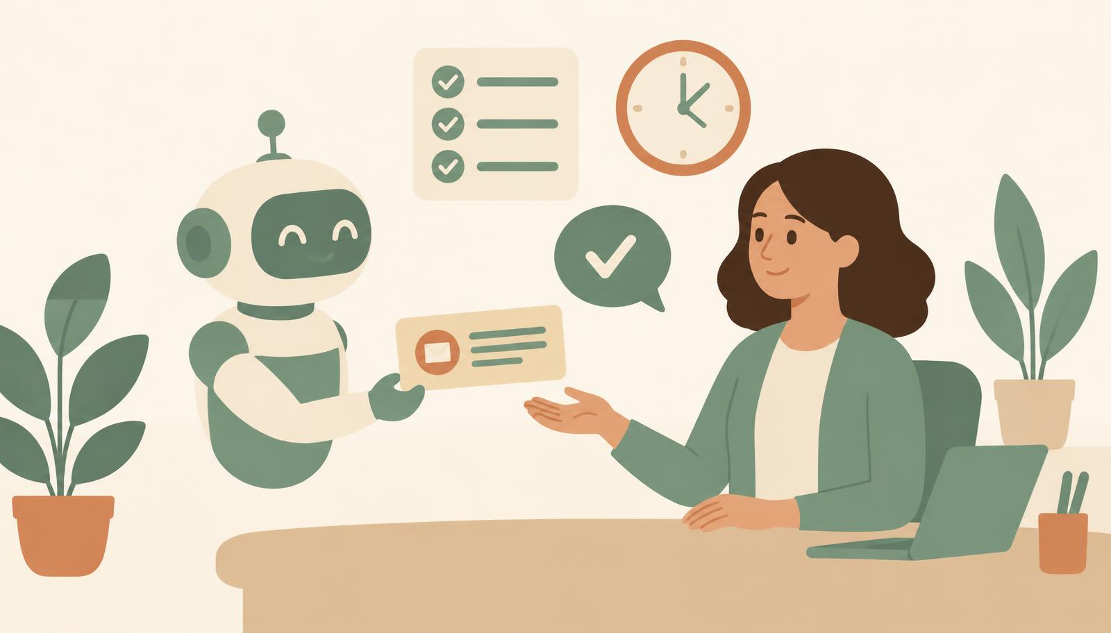 Illustration of a friendly robot drafting a message card while a counsellor reviews and edits it with a pencil