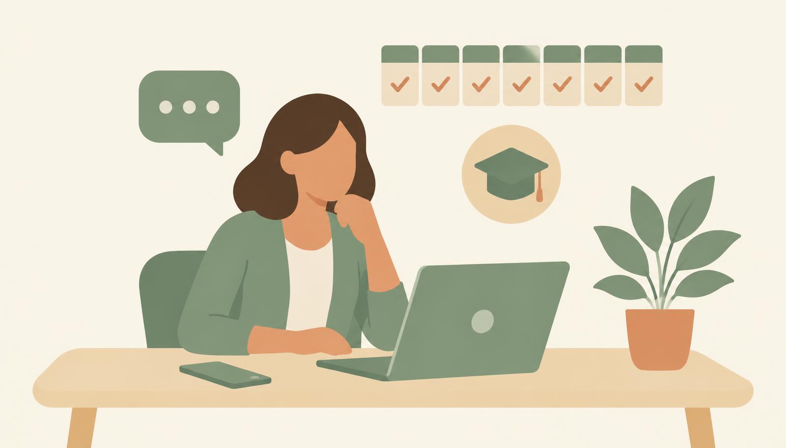 Illustration of a counsellor at a desk watching a seven-step follow-up path of cards and chat bubbles lead a student toward an institute doorway
