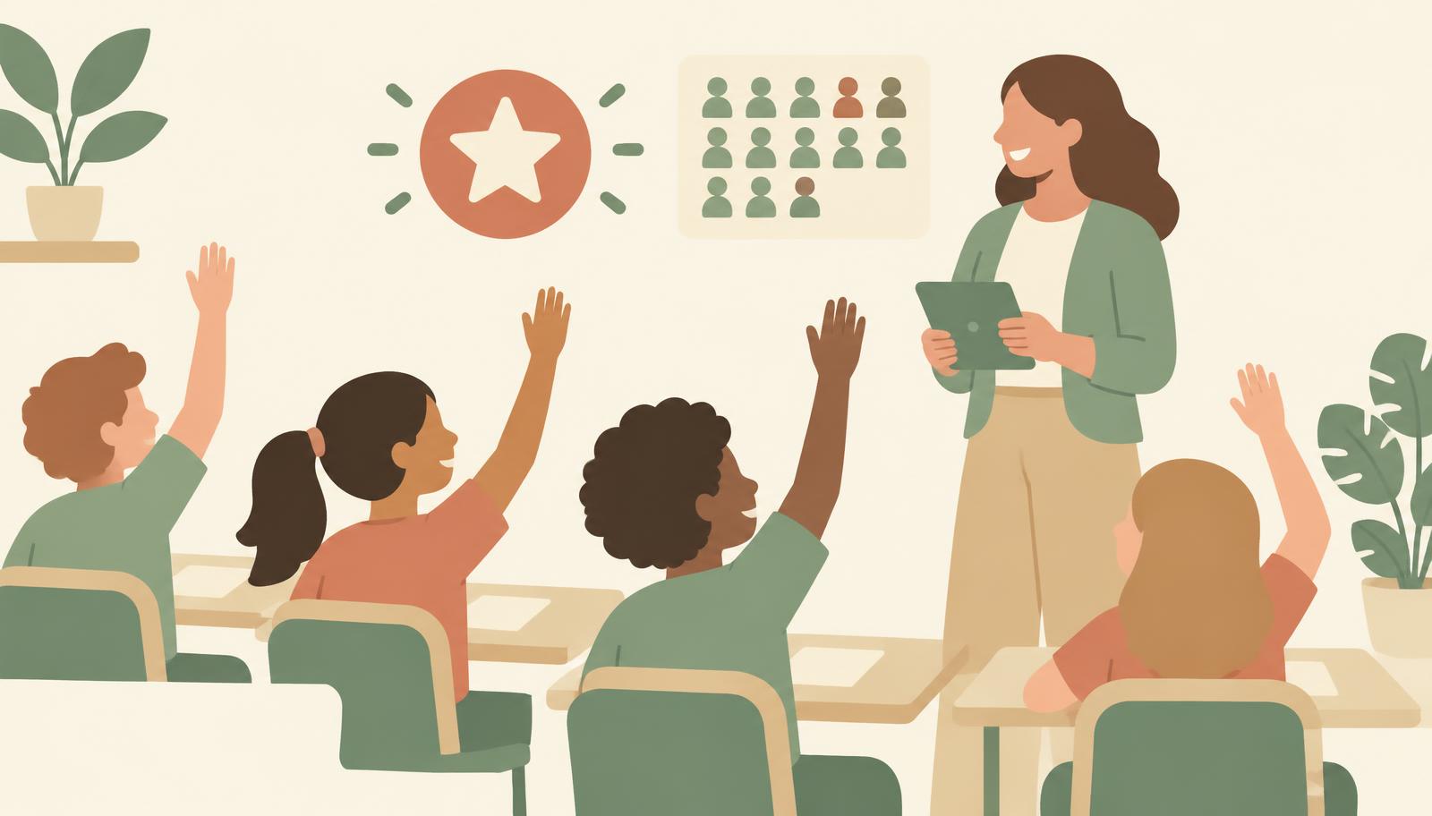 Illustration of a teacher marking attendance on a tablet in a lively classroom while icons of a certificate, a star and a parent notification float above