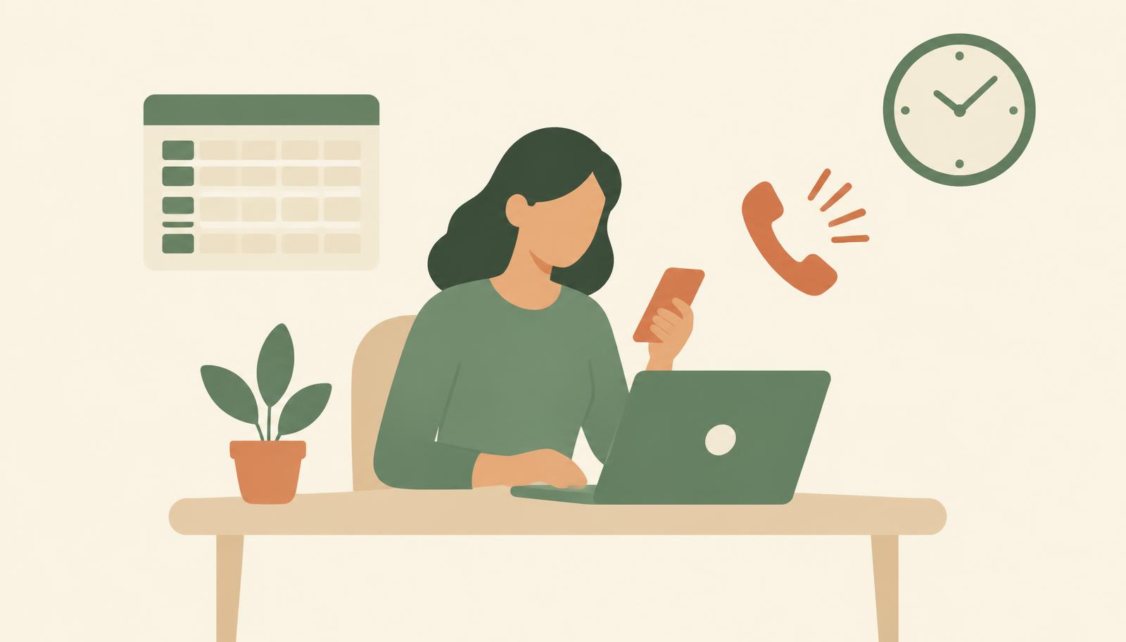 Illustration of an institute owner running a small coaching room alone, on the phone with a notebook and laptop while students study behind her.
