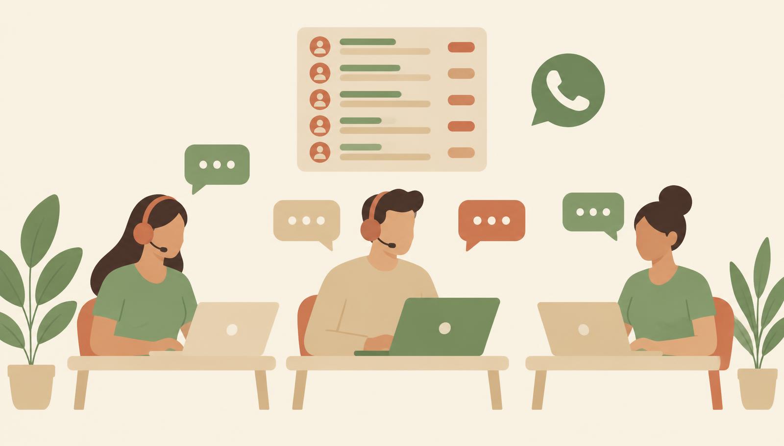 Illustration of a small institute office with a counsellor on a headset, a front-desk executive welcoming a parent, and the owner reviewing a dashboard.