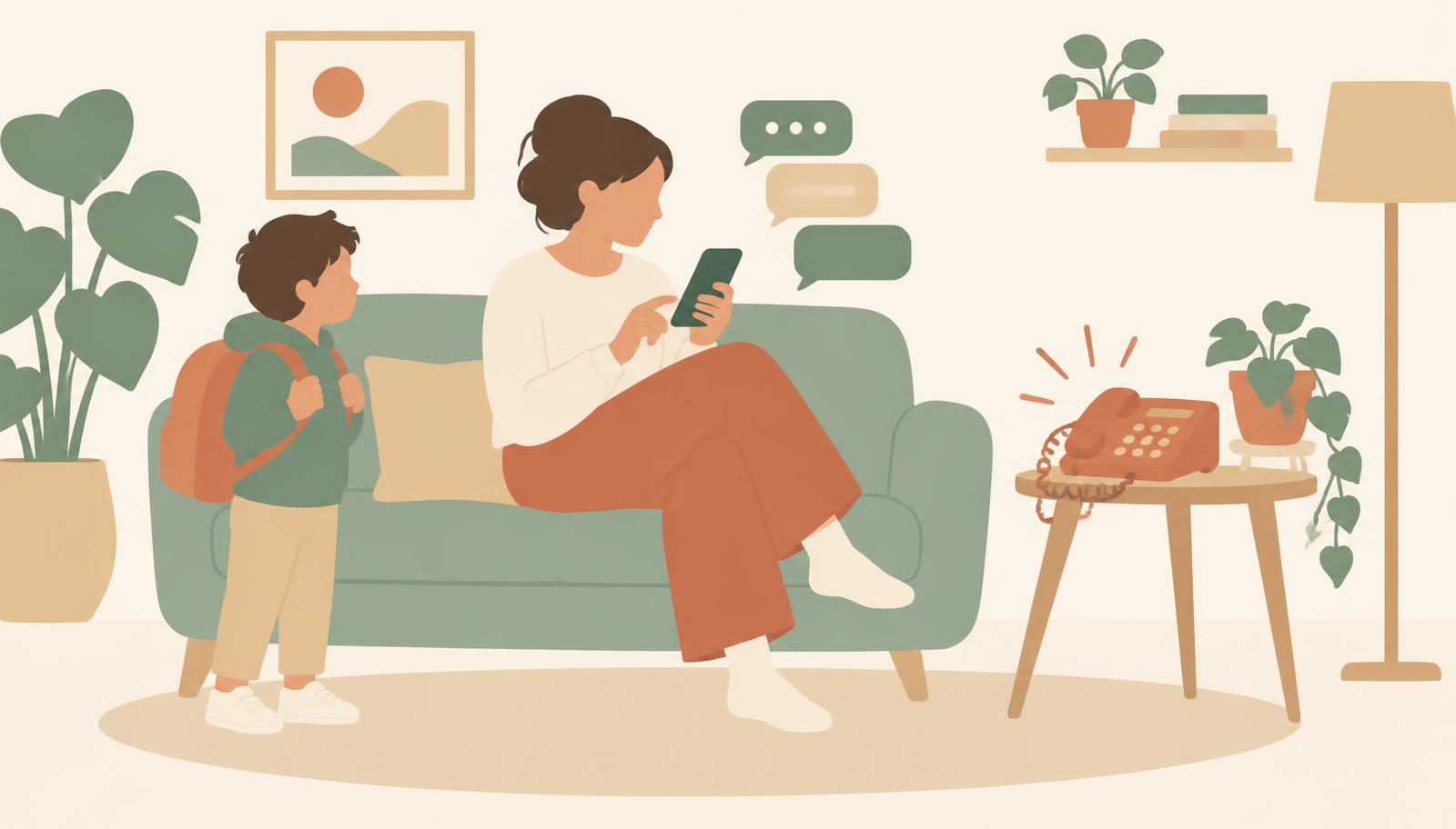 Illustration of a parent replying to chat messages on a phone while a missed call badge fades beside a school building